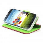 Wholesale Samsung Galaxy S4 Anti-Slip Flip Leather Wallet Case with Stand (Hot Pink-Green)